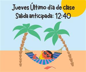 El jueves 5 de junio es el último día de colegio. La escuela sale a las 12:40.